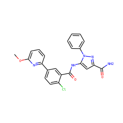 COc1cccc(-c2ccc(Cl)c(C(=O)Nc3cc(C(N)=O)nn3-c3ccccc3)c2)n1 ZINC001772654362