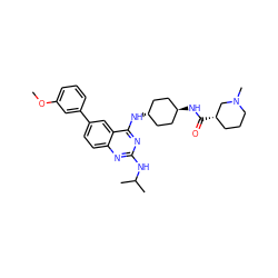 COc1cccc(-c2ccc3nc(NC(C)C)nc(N[C@H]4CC[C@H](NC(=O)[C@H]5CCCN(C)C5)CC4)c3c2)c1 ZINC001772609234