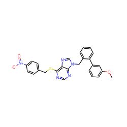 COc1cccc(-c2ccccc2Cn2cnc3c(SCc4ccc([N+](=O)[O-])cc4)ncnc32)c1 ZINC000013584466