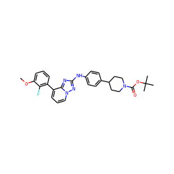 COc1cccc(-c2cccn3nc(Nc4ccc(C5CCN(C(=O)OC(C)(C)C)CC5)cc4)nc23)c1F ZINC000096169851
