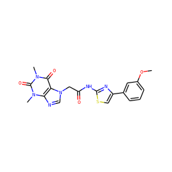 COc1cccc(-c2csc(NC(=O)Cn3cnc4c3c(=O)n(C)c(=O)n4C)n2)c1 ZINC000038575522