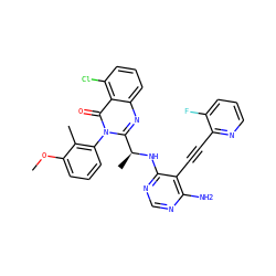 COc1cccc(-n2c([C@H](C)Nc3ncnc(N)c3C#Cc3ncccc3F)nc3cccc(Cl)c3c2=O)c1C ZINC000219114510