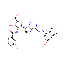 COc1cccc(C(=O)N[C@@H]2[C@H](O)[C@@H](CO)O[C@H]2n2cnc3c(NCc4cc(O)cc5ccccc45)ncnc32)c1 ZINC000026188996