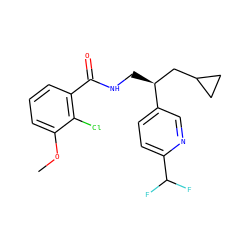 COc1cccc(C(=O)NC[C@@H](CC2CC2)c2ccc(C(F)F)nc2)c1Cl ZINC000217382163