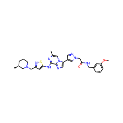 COc1cccc(CNC(=O)Cn2cc(-c3cnc4c(Nc5cc(CN6CCC[C@H](C)C6)ns5)nc(C)cn34)cn2)c1 ZINC000084634999