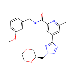 COc1cccc(CNC(=O)c2cc(-c3nnn(C[C@@H]4COCCO4)n3)cc(C)n2)c1 ZINC000653703199