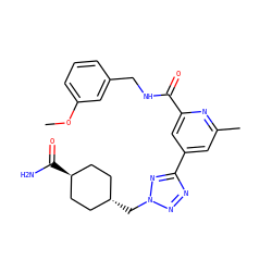 COc1cccc(CNC(=O)c2cc(-c3nnn(C[C@H]4CC[C@H](C(N)=O)CC4)n3)cc(C)n2)c1 ZINC000653708658