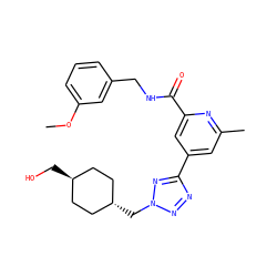 COc1cccc(CNC(=O)c2cc(-c3nnn(C[C@H]4CC[C@H](CO)CC4)n3)cc(C)n2)c1 ZINC000653703155