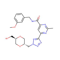COc1cccc(CNC(=O)c2cc(-c3nnn(C[C@H]4CO[C@H](CO)CO4)n3)nc(C)n2)c1 ZINC000149856281