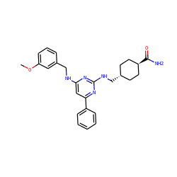 COc1cccc(CNc2cc(-c3ccccc3)nc(NC[C@H]3CC[C@H](C(N)=O)CC3)n2)c1 ZINC000299830096