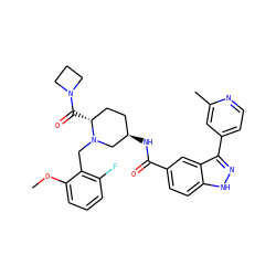 COc1cccc(F)c1CN1C[C@H](NC(=O)c2ccc3[nH]nc(-c4ccnc(C)c4)c3c2)CC[C@H]1C(=O)N1CCC1 ZINC000144832903