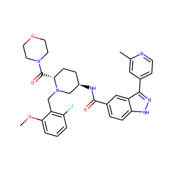 COc1cccc(F)c1CN1C[C@H](NC(=O)c2ccc3[nH]nc(-c4ccnc(C)c4)c3c2)CC[C@H]1C(=O)N1CCOCC1 ZINC000199804516