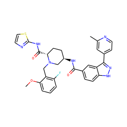 COc1cccc(F)c1CN1C[C@H](NC(=O)c2ccc3[nH]nc(-c4ccnc(C)c4)c3c2)CC[C@H]1C(=O)Nc1nccs1 ZINC000144944887