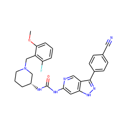 COc1cccc(F)c1CN1CCC[C@@H](NC(=O)Nc2cc3[nH]nc(-c4ccc(C#N)cc4)c3cn2)C1 ZINC000261156381