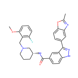 COc1cccc(F)c1CN1CCC[C@@H](NC(=O)c2ccc3[nH]nc(-c4ccc5oc(C)nc5c4)c3c2)C1 ZINC000147810708