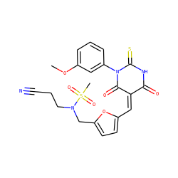 COc1cccc(N2C(=O)/C(=C\c3ccc(CN(CCC#N)S(C)(=O)=O)o3)C(=O)NC2=S)c1 ZINC000084689276