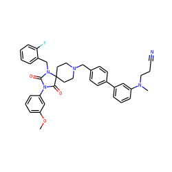 COc1cccc(N2C(=O)N(Cc3ccccc3F)C3(CCN(Cc4ccc(-c5cccc(N(C)CCC#N)c5)cc4)CC3)C2=O)c1 ZINC000028704538