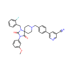 COc1cccc(N2C(=O)N(Cc3ccccc3F)C3(CCN(Cc4ccc(-c5cncc(C#N)c5)cc4)CC3)C2=O)c1 ZINC000028704504