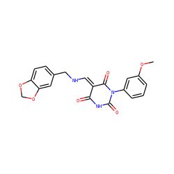 COc1cccc(N2C(=O)NC(=O)/C(=C\NCc3ccc4c(c3)OCO4)C2=O)c1 ZINC000101081427
