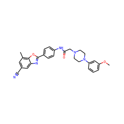 COc1cccc(N2CCN(CC(=O)Nc3ccc(-c4nc5cc(C#N)cc(C)c5o4)cc3)CC2)c1 ZINC000066105074