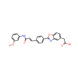 COc1cccc(NC(=O)/C=C/c2ccc(-c3nc4cc(CC(=O)O)ccc4o3)cc2)c1 ZINC000028525088