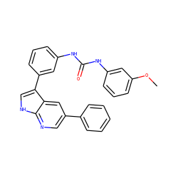 COc1cccc(NC(=O)Nc2cccc(-c3c[nH]c4ncc(-c5ccccc5)cc34)c2)c1 ZINC000103256532