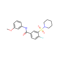 COc1cccc(NC(=O)c2ccc(F)c(S(=O)(=O)N3CCCCC3)c2)c1 ZINC000016029990