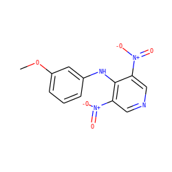 COc1cccc(Nc2c([N+](=O)[O-])cncc2[N+](=O)[O-])c1 ZINC000003879140