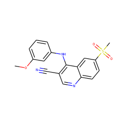 COc1cccc(Nc2c(C#N)cnc3ccc(S(C)(=O)=O)cc23)c1 ZINC000040914441