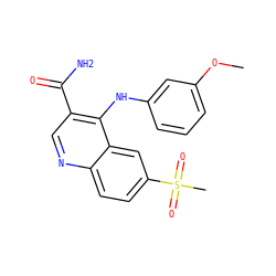 COc1cccc(Nc2c(C(N)=O)cnc3ccc(S(C)(=O)=O)cc23)c1 ZINC000040395679