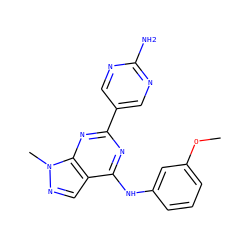 COc1cccc(Nc2nc(-c3cnc(N)nc3)nc3c2cnn3C)c1 ZINC000064548827