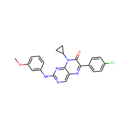 COc1cccc(Nc2ncc3nc(-c4ccc(Cl)cc4)c(=O)n(C4CC4)c3n2)c1 ZINC000004238961