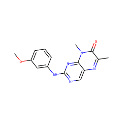 COc1cccc(Nc2ncc3nc(C)c(=O)n(C)c3n2)c1 ZINC000004239185