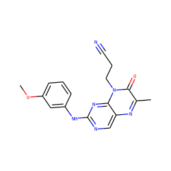 COc1cccc(Nc2ncc3nc(C)c(=O)n(CCC#N)c3n2)c1 ZINC000004238446