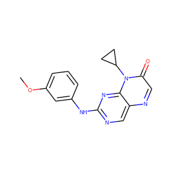 COc1cccc(Nc2ncc3ncc(=O)n(C4CC4)c3n2)c1 ZINC000004238492