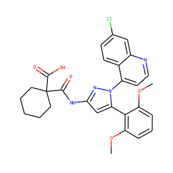 COc1cccc(OC)c1-c1cc(NC(=O)C2(C(=O)O)CCCCC2)nn1-c1ccnc2cc(Cl)ccc12 ZINC000299870854