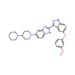 COc1cccc(Oc2ccc3[nH]nc(-c4nc5cc(N6CCC(N7CCCCC7)CC6)ccc5[nH]4)c3c2)c1 ZINC000036241955