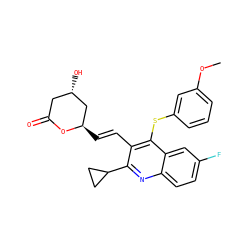 COc1cccc(Sc2c(/C=C/[C@@H]3C[C@@H](O)CC(=O)O3)c(C3CC3)nc3ccc(F)cc23)c1 ZINC000045352399