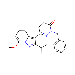 COc1cccc2c(C3=NN(Cc4ccccc4)C(=O)CC3)c(C(C)C)nn12 ZINC000071340540