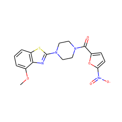 COc1cccc2sc(N3CCN(C(=O)c4ccc([N+](=O)[O-])o4)CC3)nc12 ZINC000005181714