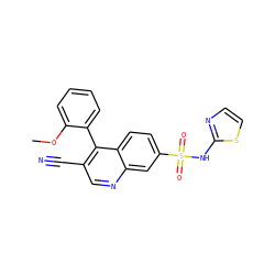 COc1ccccc1-c1c(C#N)cnc2cc(S(=O)(=O)Nc3nccs3)ccc12 ZINC000215509744