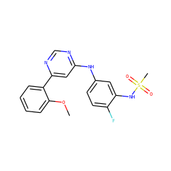 COc1ccccc1-c1cc(Nc2ccc(F)c(NS(C)(=O)=O)c2)ncn1 ZINC001772606188