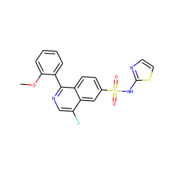 COc1ccccc1-c1ncc(F)c2cc(S(=O)(=O)Nc3nccs3)ccc12 ZINC000215503222