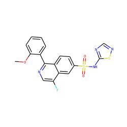COc1ccccc1-c1ncc(F)c2cc(S(=O)(=O)Nc3ncns3)ccc12 ZINC000215516170