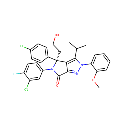 COc1ccccc1-n1nc2c(c1C(C)C)[C@](CCO)(c1ccc(Cl)cc1)N(c1ccc(F)c(Cl)c1)C2=O ZINC000224120076