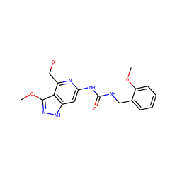 COc1ccccc1CNC(=O)Nc1cc2[nH]nc(OC)c2c(CO)n1 ZINC001772639325
