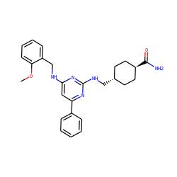 COc1ccccc1CNc1cc(-c2ccccc2)nc(NC[C@H]2CC[C@H](C(N)=O)CC2)n1 ZINC000299827218