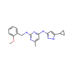 COc1ccccc1CNc1nc(C)cc(Nc2cc(C3CC3)[nH]n2)n1 ZINC000203007998