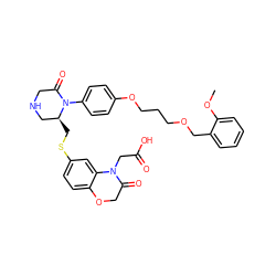 COc1ccccc1COCCCOc1ccc(N2C(=O)CNC[C@@H]2CSc2ccc3c(c2)N(CC(=O)O)C(=O)CO3)cc1 ZINC000014966584