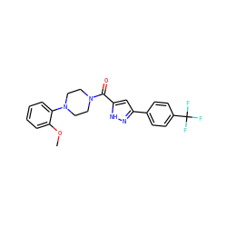 COc1ccccc1N1CCN(C(=O)c2cc(-c3ccc(C(F)(F)F)cc3)n[nH]2)CC1 ZINC000071296508